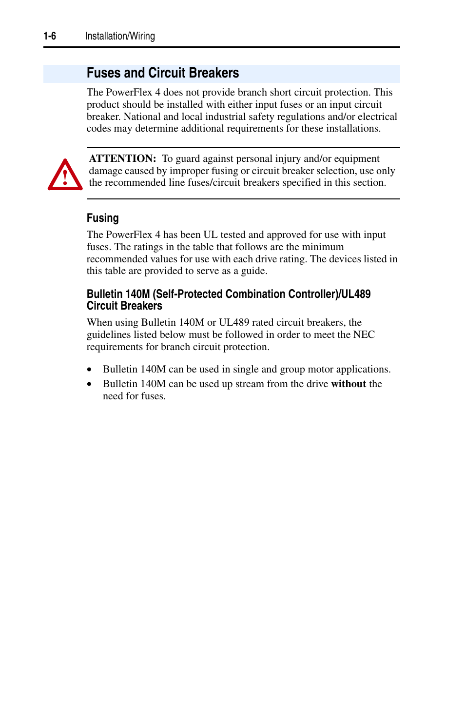 Fuses and circuit breakers, Fuses and circuit breakers -6, Fuses and circuit breakers 1-6 | Rockwell Automation 22A PowerFlex 4 User Manual FRN 6.xx User Manual | Page 16 / 108