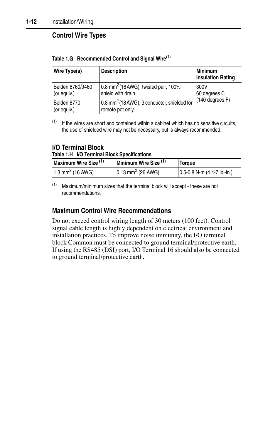 Control wire types, I/o terminal block, Maximum control wire recommendations | Rockwell Automation 22A PowerFlex 4 User Manual FRN 6.xx User Manual | Page 22 / 108