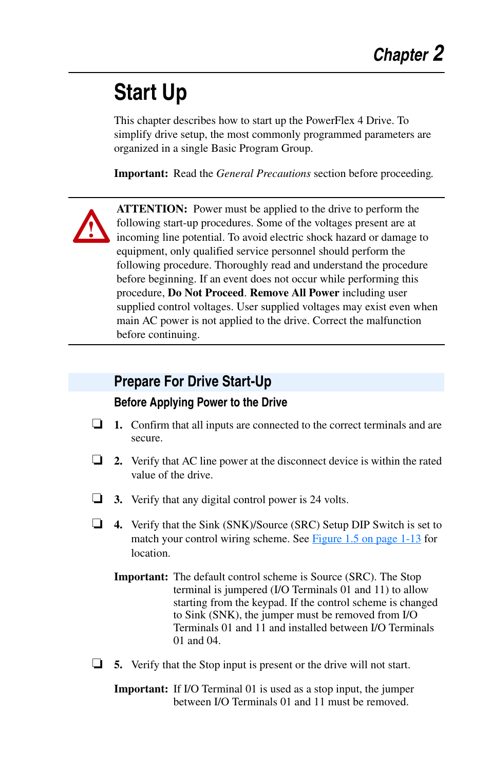 Chapter 2, Start up, Prepare for drive start-up | Prepare for drive start-up -1, 2start up, Chapter | Rockwell Automation 22A PowerFlex 4 User Manual FRN 6.xx User Manual | Page 33 / 108