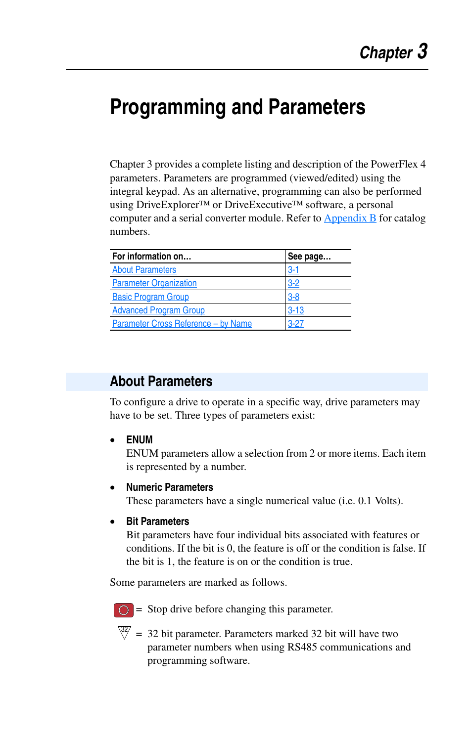 Chapter 3, Programming and parameters, About parameters | About parameters -1, 3programming and parameters, Chapter, About p arameters | Rockwell Automation 22A PowerFlex 4 User Manual FRN 6.xx User Manual | Page 37 / 108