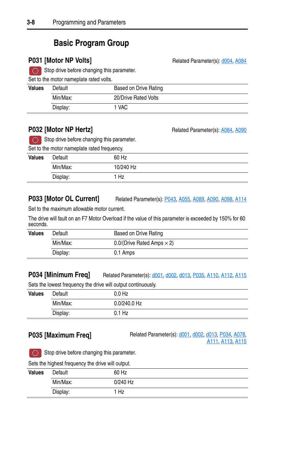 Basic program group, Basic program group -8, P034 | P035, P031, P031 [motor np volts, P032 [motor np hertz, P033 [motor ol current, P034 [minimum freq, P035 [maximum freq | Rockwell Automation 22A PowerFlex 4 User Manual FRN 6.xx User Manual | Page 44 / 108