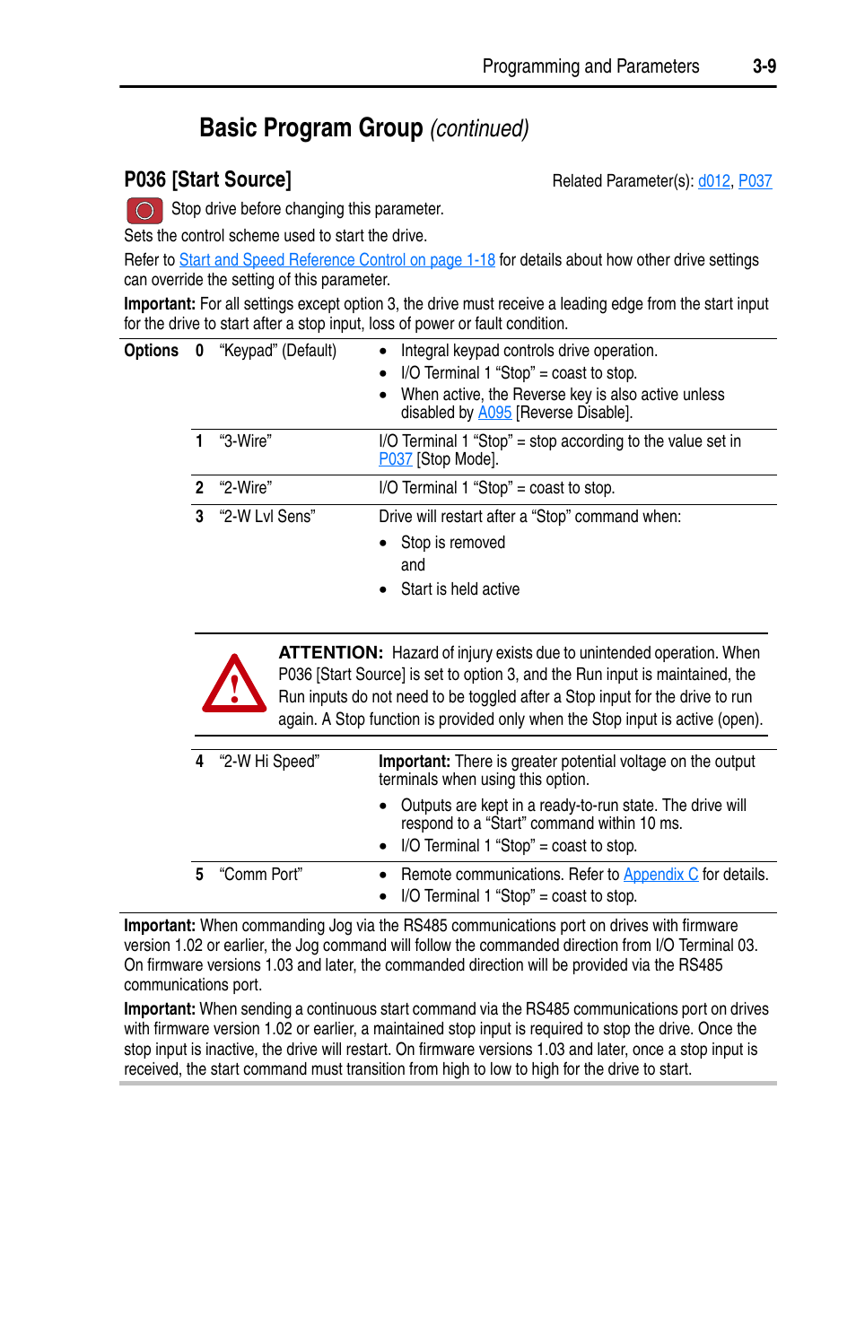 P036, Basic program group, Continued) | P036 [start source | Rockwell Automation 22A PowerFlex 4 User Manual FRN 6.xx User Manual | Page 45 / 108