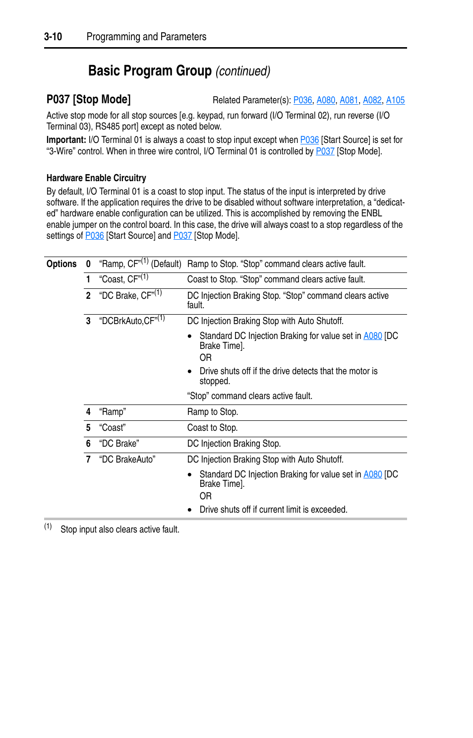 P037, Basic program group, Continued) | P037 [stop mode | Rockwell Automation 22A PowerFlex 4 User Manual FRN 6.xx User Manual | Page 46 / 108