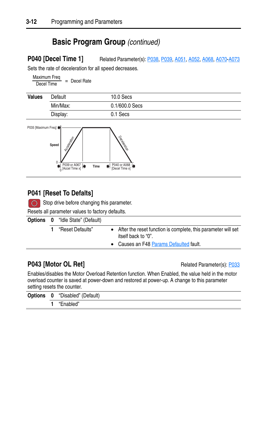 P043, P040, Basic program group | Continued), P040 [decel time 1, P041 [reset to defalts, P043 [motor ol ret, 12 programming and parameters | Rockwell Automation 22A PowerFlex 4 User Manual FRN 6.xx User Manual | Page 48 / 108