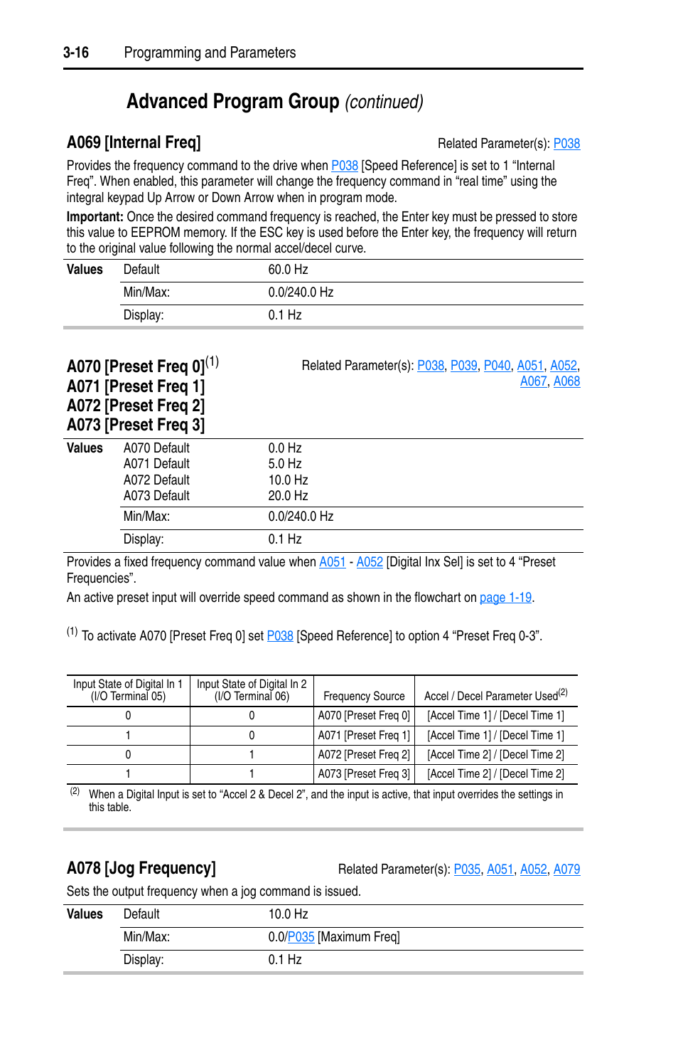 A069, A070, A073 | A078, Advanced program group, Continued), A069 [internal freq, A070 [preset freq 0, A078 [jog frequency | Rockwell Automation 22A PowerFlex 4 User Manual FRN 6.xx User Manual | Page 52 / 108