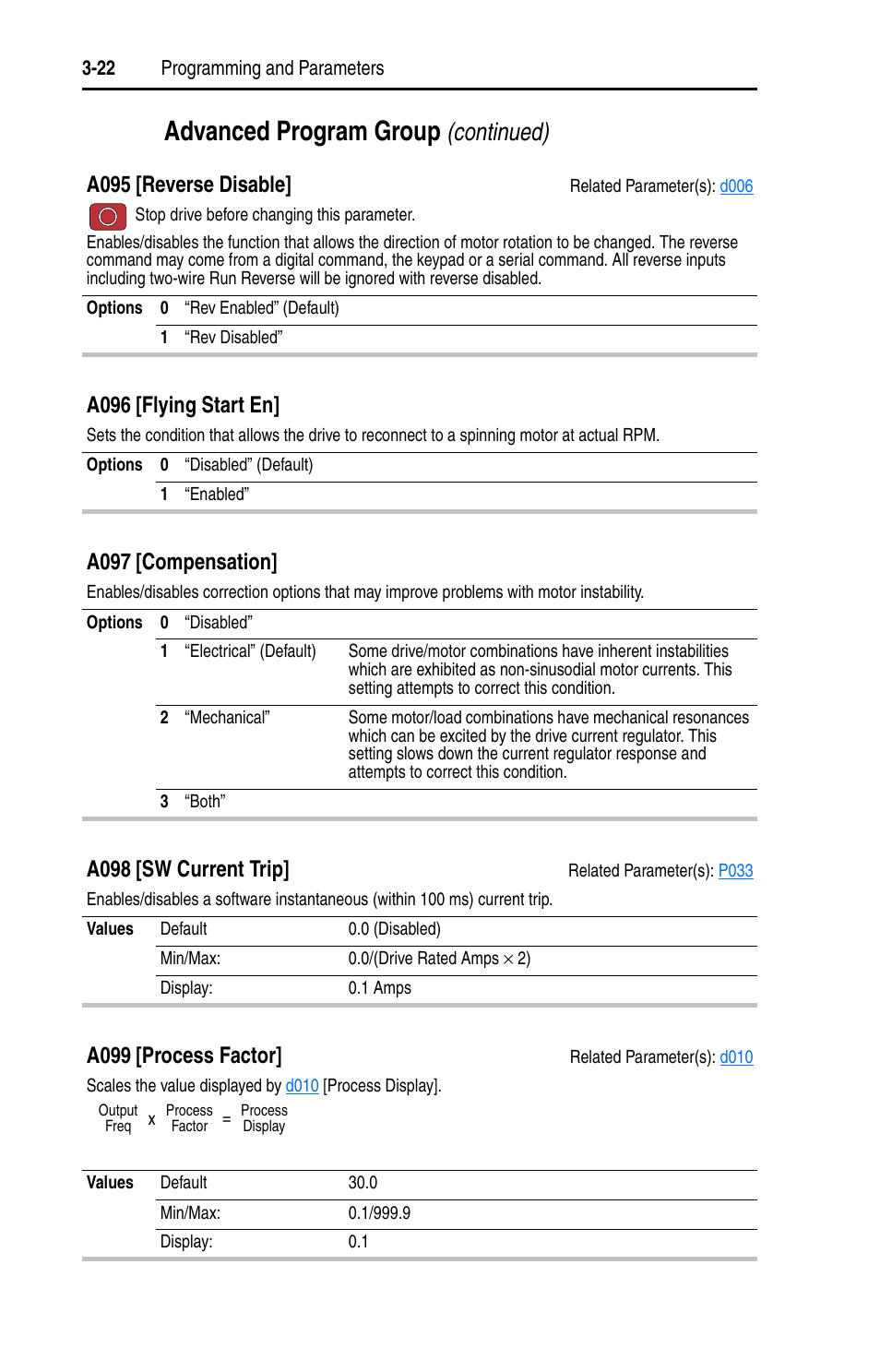 A095, A099, A098 | Advanced program group, Continued), A095 [reverse disable, A096 [flying start en, A097 [compensation, A098 [sw current trip, A099 [process factor | Rockwell Automation 22A PowerFlex 4 User Manual FRN 6.xx User Manual | Page 58 / 108