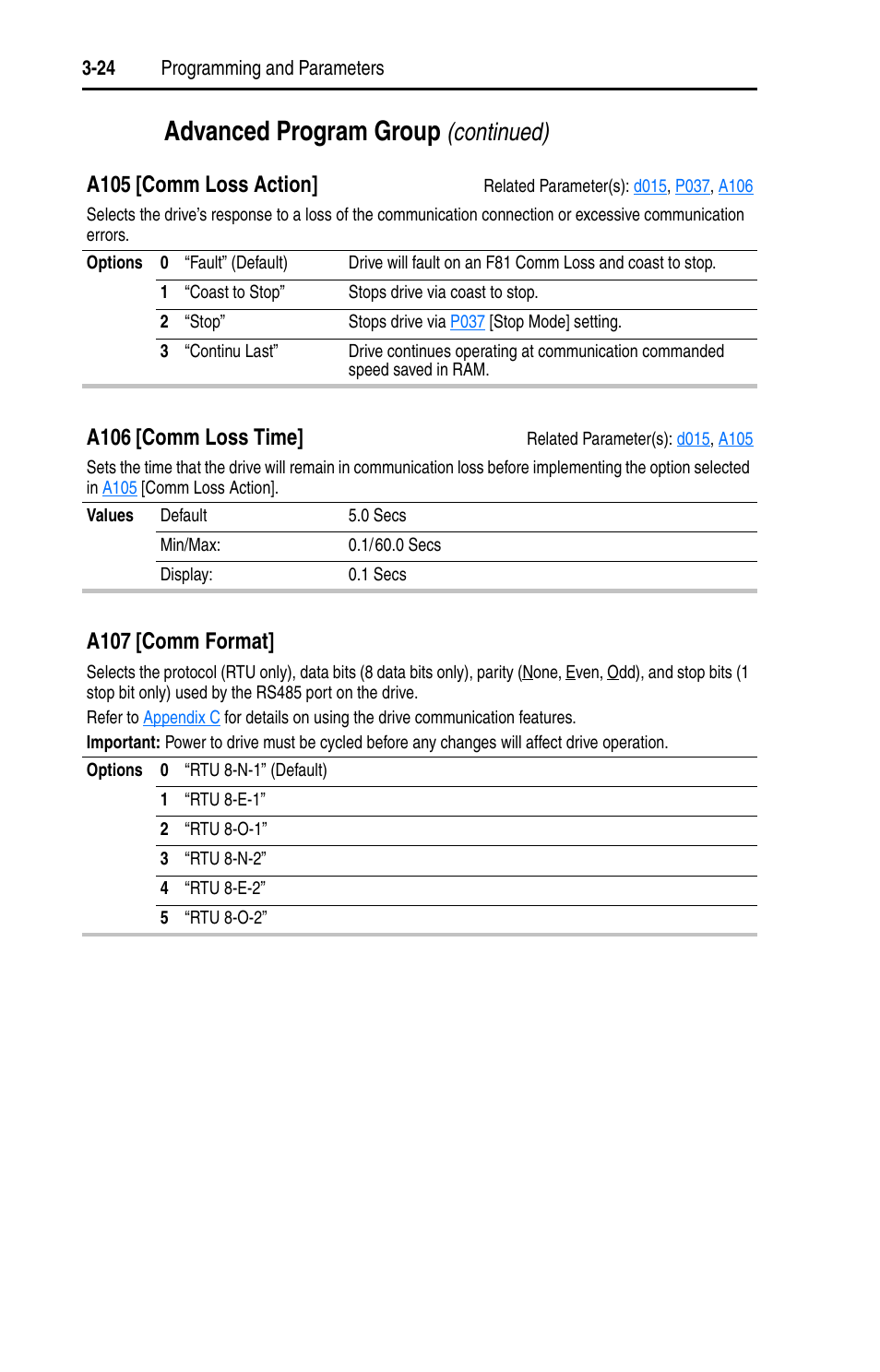 A107, A105, Advanced program group | Continued), A105 [comm loss action, A106 [comm loss time, A107 [comm format | Rockwell Automation 22A PowerFlex 4 User Manual FRN 6.xx User Manual | Page 60 / 108