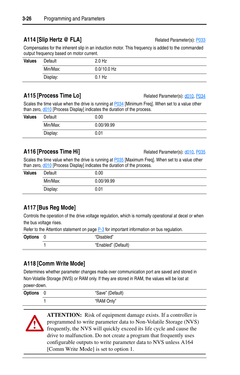 A115, A116, A114 | A114 [slip hertz @ fla, A115 [process time lo, A116 [process time hi, A117 [bus reg mode, A118 [comm write mode | Rockwell Automation 22A PowerFlex 4 User Manual FRN 6.xx User Manual | Page 62 / 108