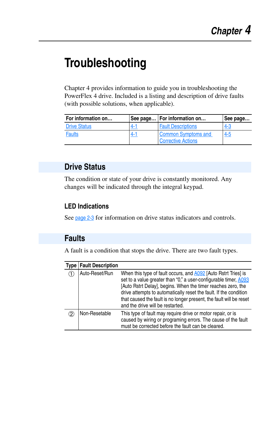 Chapter 4, Troubleshooting, Drive status | Faults, Drive status -1 faults -1, 4troubleshooting, Chapter, Drive status faults | Rockwell Automation 22A PowerFlex 4 User Manual FRN 6.xx User Manual | Page 65 / 108