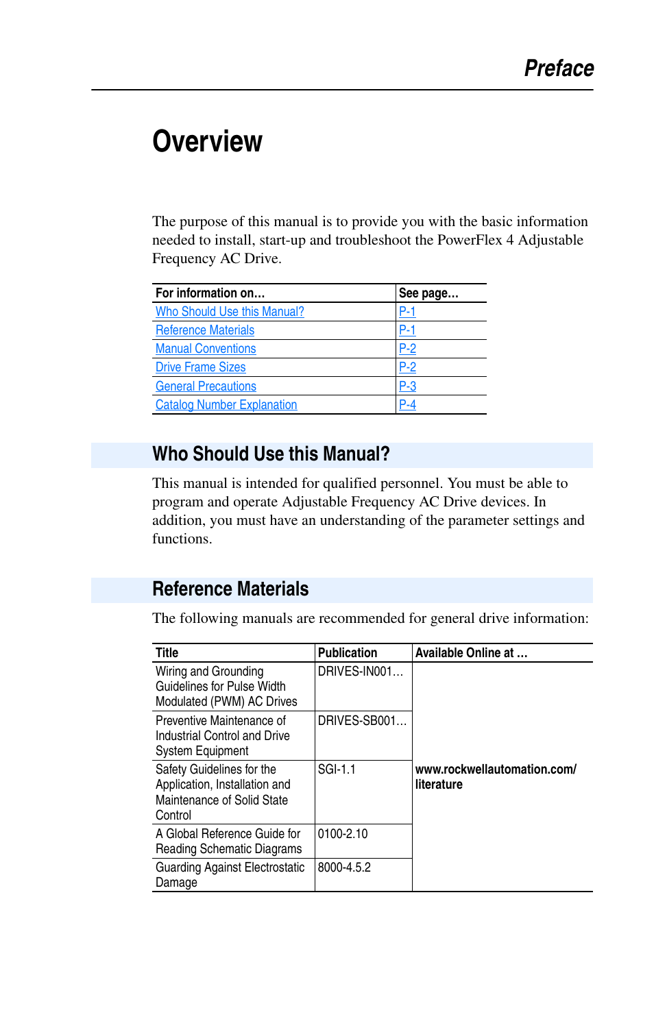 Preface, Overview, Who should use this manual | Reference materials, Who should use this manual? reference materials | Rockwell Automation 22A PowerFlex 4 User Manual FRN 6.xx User Manual | Page 7 / 108