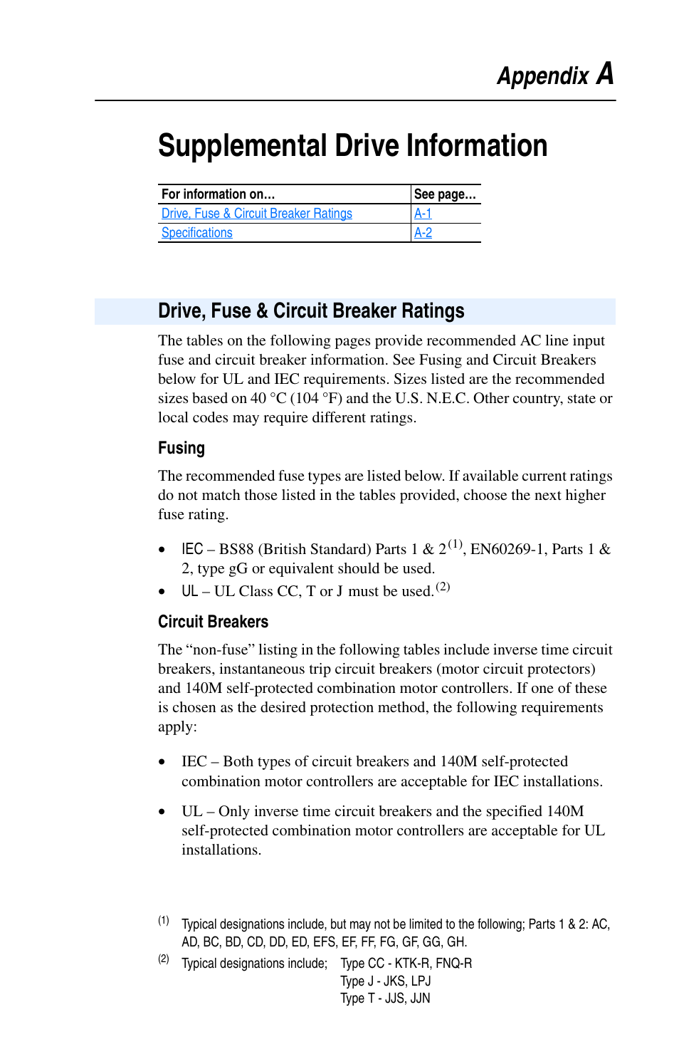 Appendix a, Supplemental drive information, Drive, fuse & circuit breaker ratings | Drive, fuse & circuit breaker ratings . . . a-1, Asupplemental drive information, Appendix | Rockwell Automation 22A PowerFlex 4 User Manual FRN 6.xx User Manual | Page 73 / 108