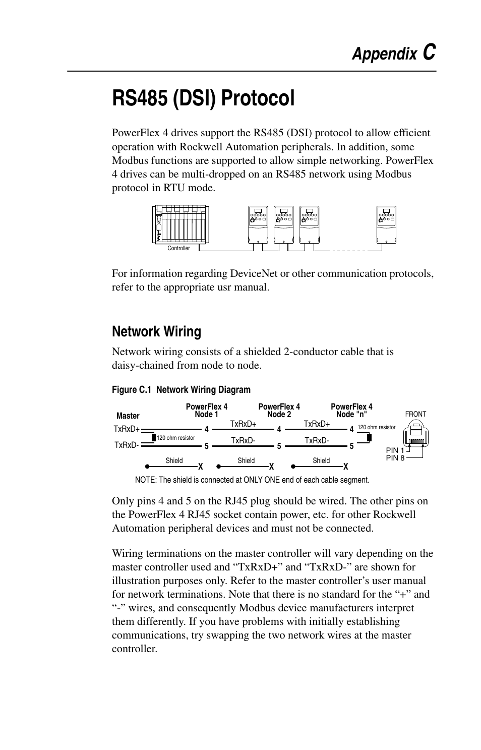 Appendix c, Rs485 (dsi) protocol, Network wiring | R to, Crs485 (dsi) protocol, Appendix | Rockwell Automation 22A PowerFlex 4 User Manual FRN 6.xx User Manual | Page 93 / 108