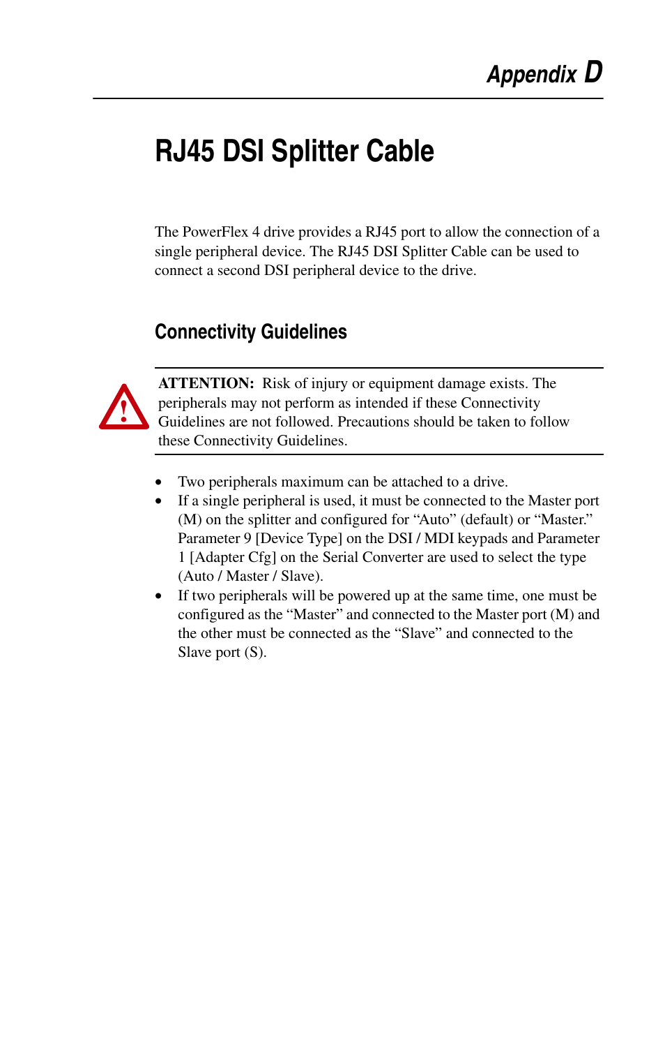 Appendix d, Rj45 dsi splitter cable, Connectivity guidelines | Drj45 dsi splitter cable, Appendix | Rockwell Automation 22A PowerFlex 4 User Manual FRN 6.xx User Manual | Page 99 / 108