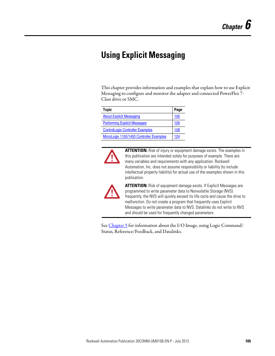 Using explicit messaging, Chapter 6, Using explicit | Messaging, Chapter | Rockwell Automation 20-COMM-ER 20-COMM-ER Dual-Port EtherNet/IP Communication Adapter User Manual User Manual | Page 105 / 238