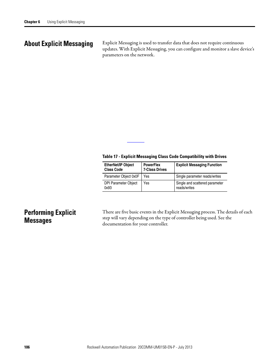 About explicit messaging, Performing explicit messages | Rockwell Automation 20-COMM-ER 20-COMM-ER Dual-Port EtherNet/IP Communication Adapter User Manual User Manual | Page 106 / 238