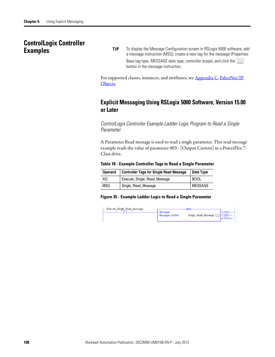 Controllogix controller examples | Rockwell Automation 20-COMM-ER 20-COMM-ER Dual-Port EtherNet/IP Communication Adapter User Manual User Manual | Page 108 / 238