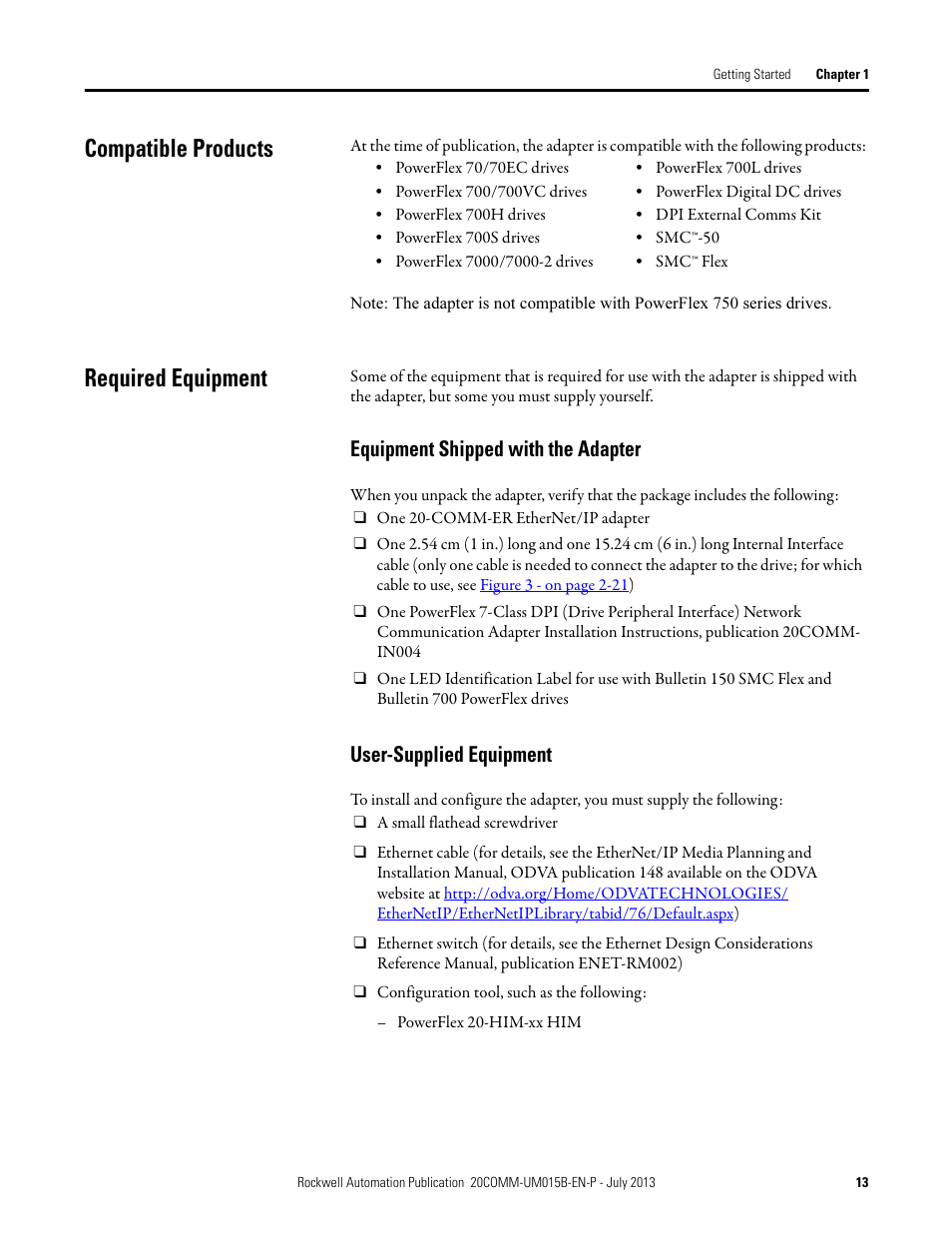 Compatible products, Required equipment, Equipment shipped with the adapter | User-supplied equipment, Compatible products required equipment | Rockwell Automation 20-COMM-ER 20-COMM-ER Dual-Port EtherNet/IP Communication Adapter User Manual User Manual | Page 13 / 238