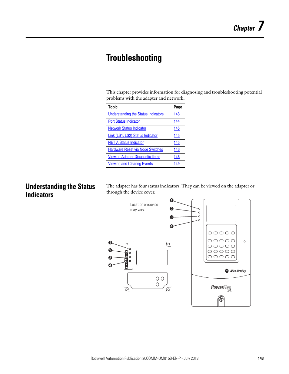 Troubleshooting, Understanding the status indicators, Chapter 7 | Chapter | Rockwell Automation 20-COMM-ER 20-COMM-ER Dual-Port EtherNet/IP Communication Adapter User Manual User Manual | Page 143 / 238