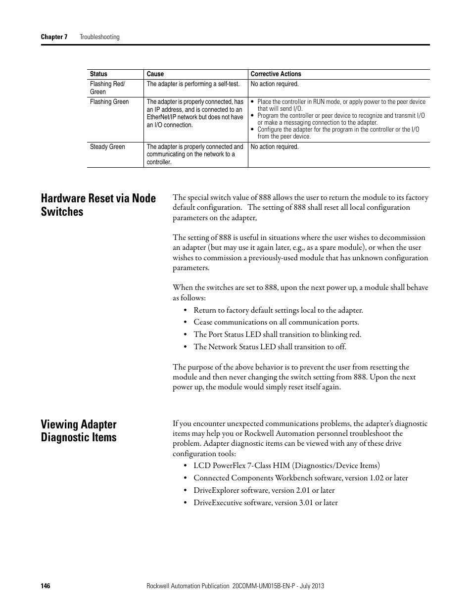 Hardware reset via node switches, Viewing adapter diagnostic items | Rockwell Automation 20-COMM-ER 20-COMM-ER Dual-Port EtherNet/IP Communication Adapter User Manual User Manual | Page 146 / 238