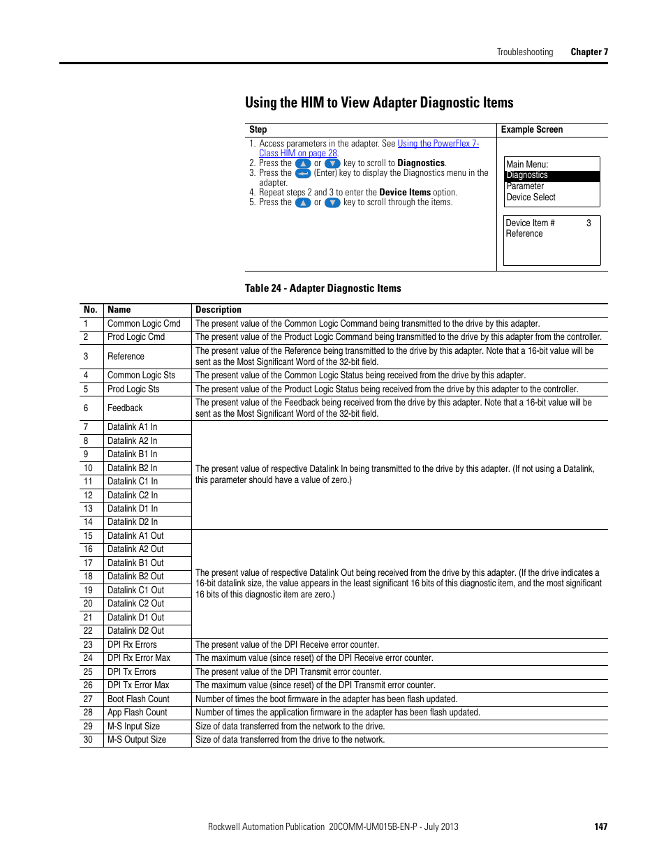 Using the him to view adapter diagnostic items | Rockwell Automation 20-COMM-ER 20-COMM-ER Dual-Port EtherNet/IP Communication Adapter User Manual User Manual | Page 147 / 238