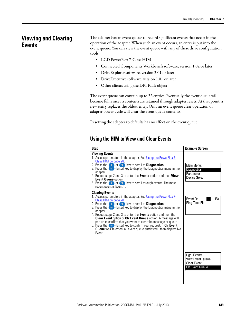 Viewing and clearing events, Using the him to view and clear events | Rockwell Automation 20-COMM-ER 20-COMM-ER Dual-Port EtherNet/IP Communication Adapter User Manual User Manual | Page 149 / 238