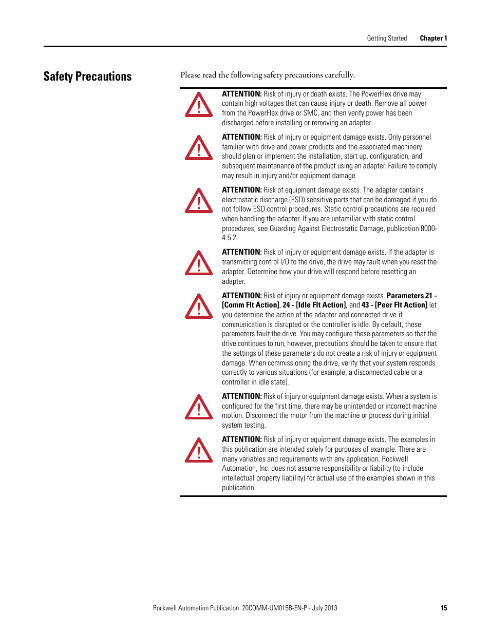 Safety precautions | Rockwell Automation 20-COMM-ER 20-COMM-ER Dual-Port EtherNet/IP Communication Adapter User Manual User Manual | Page 15 / 238