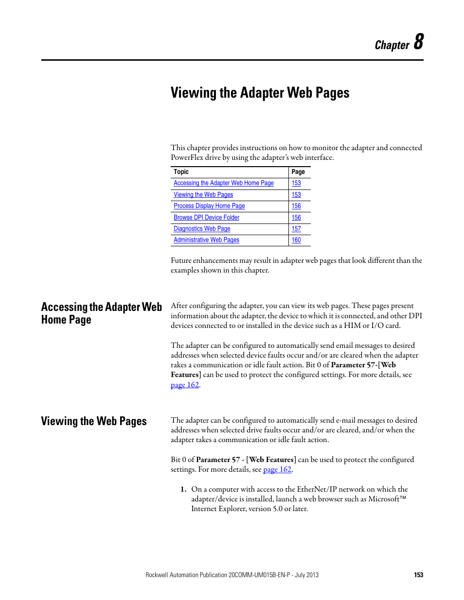 Chapter 8, Viewing the adapter web pages, Chapter | Accessing the adapter web home page, Viewing the web pages | Rockwell Automation 20-COMM-ER 20-COMM-ER Dual-Port EtherNet/IP Communication Adapter User Manual User Manual | Page 153 / 238