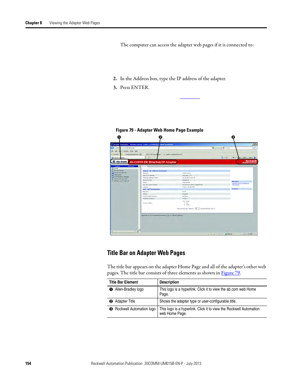 Title bar on adapter web pages | Rockwell Automation 20-COMM-ER 20-COMM-ER Dual-Port EtherNet/IP Communication Adapter User Manual User Manual | Page 154 / 238