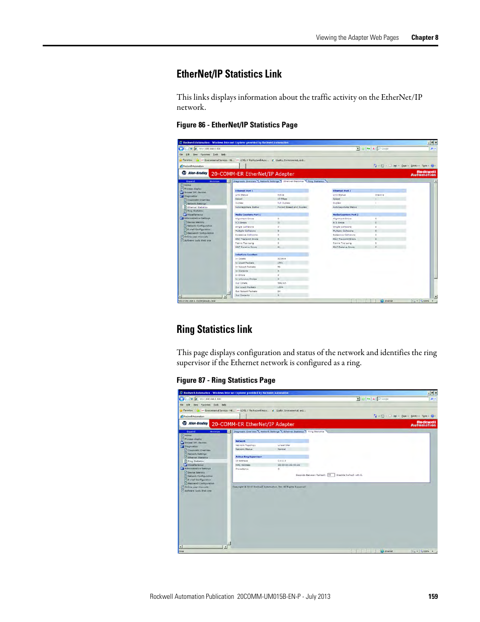 Ethernet/ip statistics link, Ring statistics link, Ethernet/ip statistics link ring statistics link | Rockwell Automation 20-COMM-ER 20-COMM-ER Dual-Port EtherNet/IP Communication Adapter User Manual User Manual | Page 159 / 238