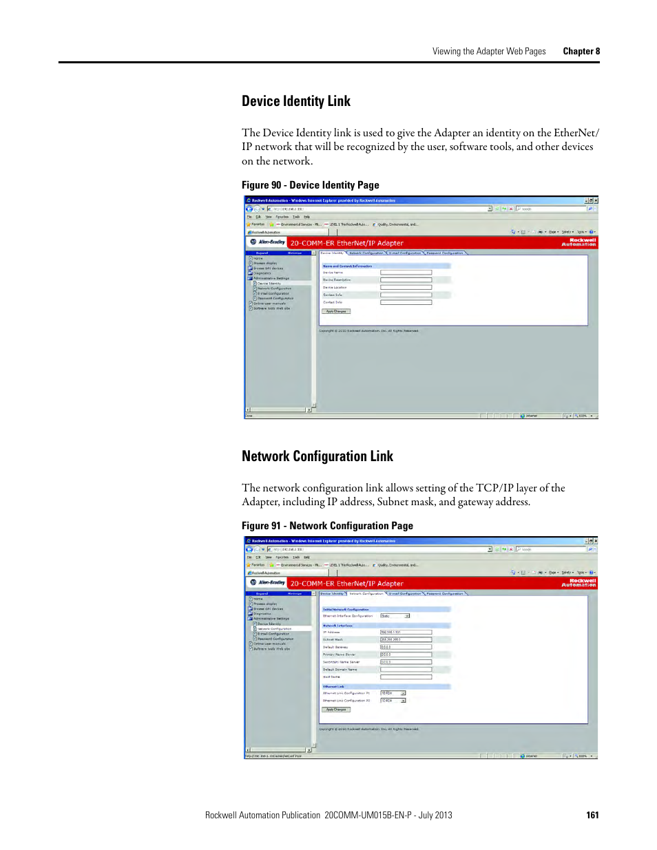 Device identity link, Network configuration link, Device identity link network configuration link | Rockwell Automation 20-COMM-ER 20-COMM-ER Dual-Port EtherNet/IP Communication Adapter User Manual User Manual | Page 161 / 238