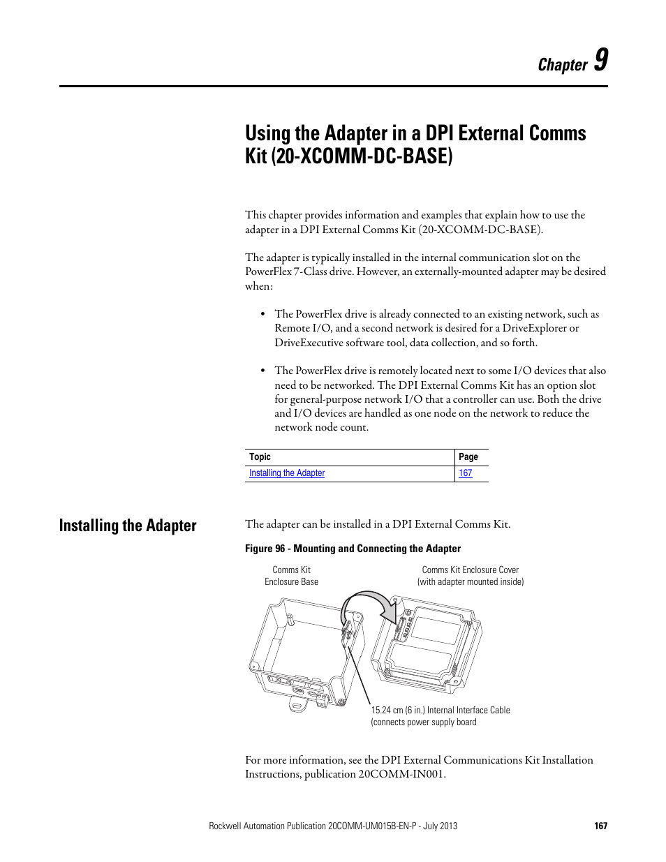 Installing the adapter, Chapter 9, Chapter | Rockwell Automation 20-COMM-ER 20-COMM-ER Dual-Port EtherNet/IP Communication Adapter User Manual User Manual | Page 167 / 238