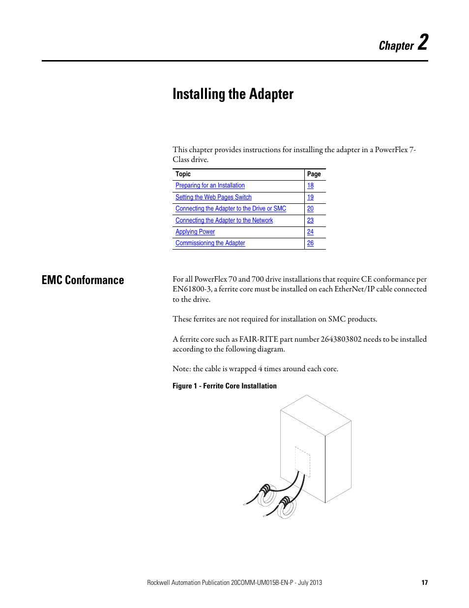 Installing the adapter, Emc conformance, Chapter 2 | Chapter | Rockwell Automation 20-COMM-ER 20-COMM-ER Dual-Port EtherNet/IP Communication Adapter User Manual User Manual | Page 17 / 238