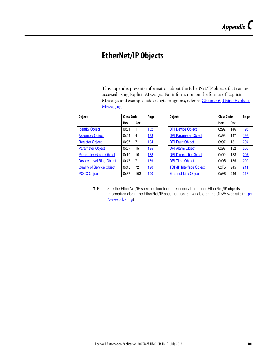 C-ethernet/ip objects, Appendix c, Ethernet/ip objects | Ethernet/ip, Objects, Appendix | Rockwell Automation 20-COMM-ER 20-COMM-ER Dual-Port EtherNet/IP Communication Adapter User Manual User Manual | Page 181 / 238