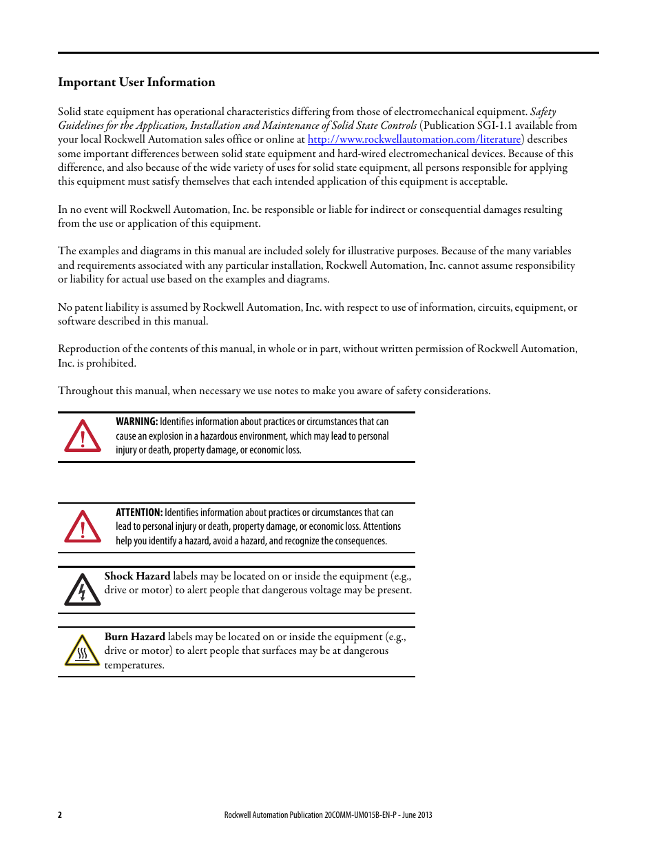 Important user information | Rockwell Automation 20-COMM-ER 20-COMM-ER Dual-Port EtherNet/IP Communication Adapter User Manual User Manual | Page 2 / 238