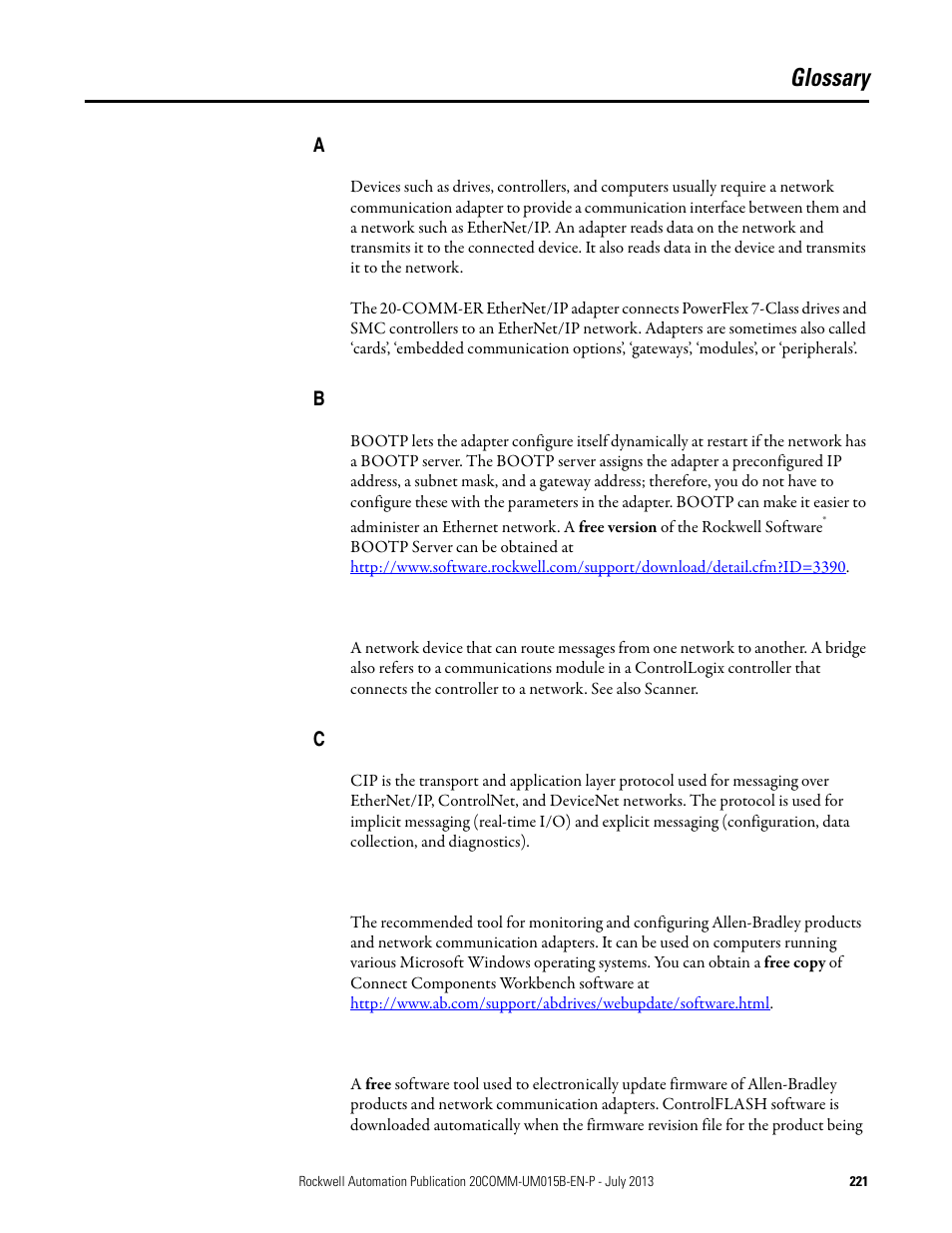 Glossary, E glossary on, He fo | Rockwell Automation 20-COMM-ER 20-COMM-ER Dual-Port EtherNet/IP Communication Adapter User Manual User Manual | Page 221 / 238
