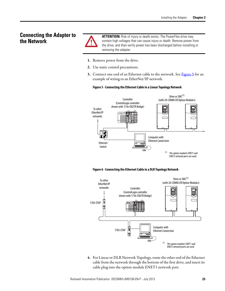 Connecting the adapter to the network | Rockwell Automation 20-COMM-ER 20-COMM-ER Dual-Port EtherNet/IP Communication Adapter User Manual User Manual | Page 23 / 238