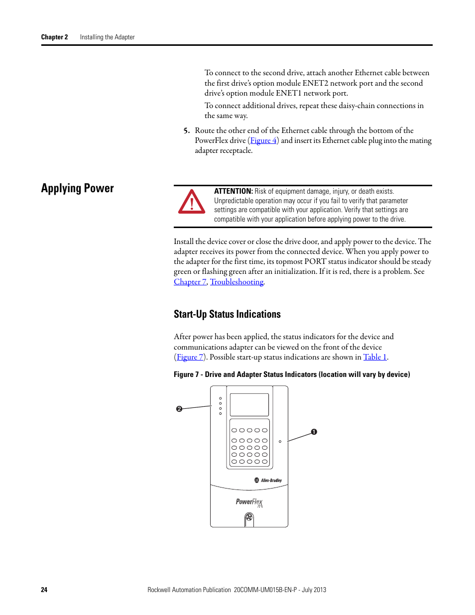 Applying power, Start-up status indications | Rockwell Automation 20-COMM-ER 20-COMM-ER Dual-Port EtherNet/IP Communication Adapter User Manual User Manual | Page 24 / 238