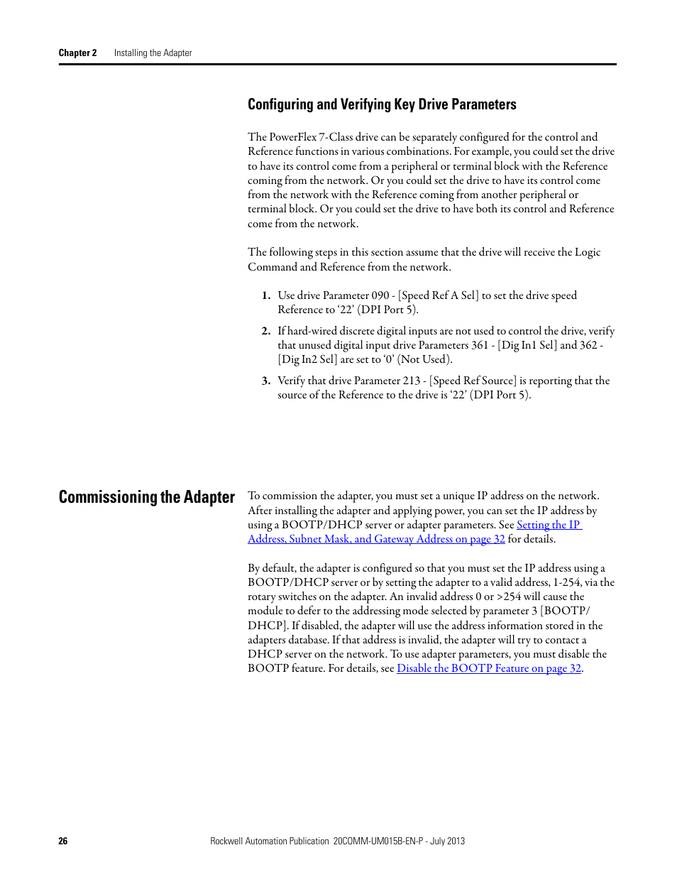 Configuring and verifying key drive parameters, Commissioning the adapter | Rockwell Automation 20-COMM-ER 20-COMM-ER Dual-Port EtherNet/IP Communication Adapter User Manual User Manual | Page 26 / 238