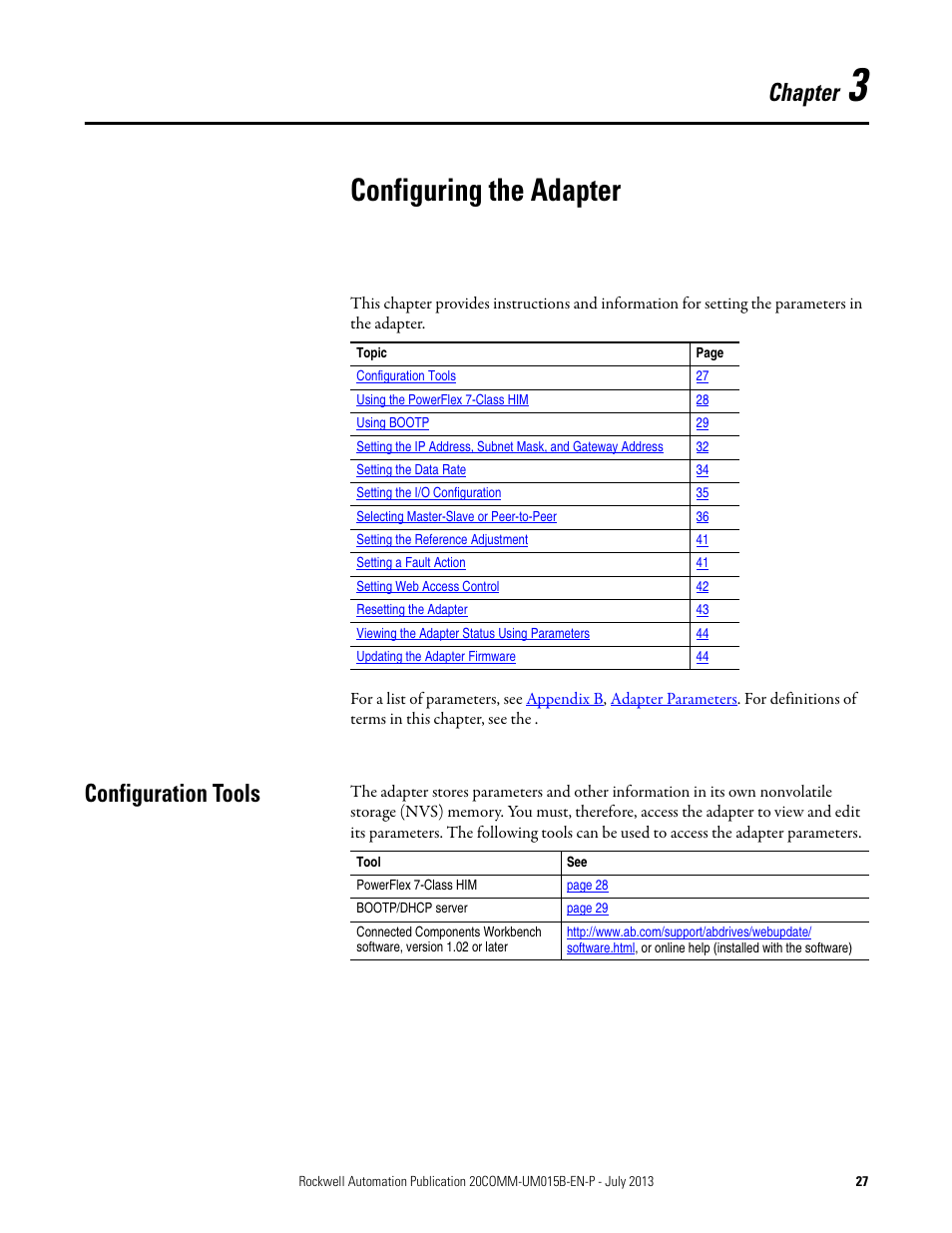 Configuring the adapter, Configuration tools, Chapter 3 | Chapter | Rockwell Automation 20-COMM-ER 20-COMM-ER Dual-Port EtherNet/IP Communication Adapter User Manual User Manual | Page 27 / 238