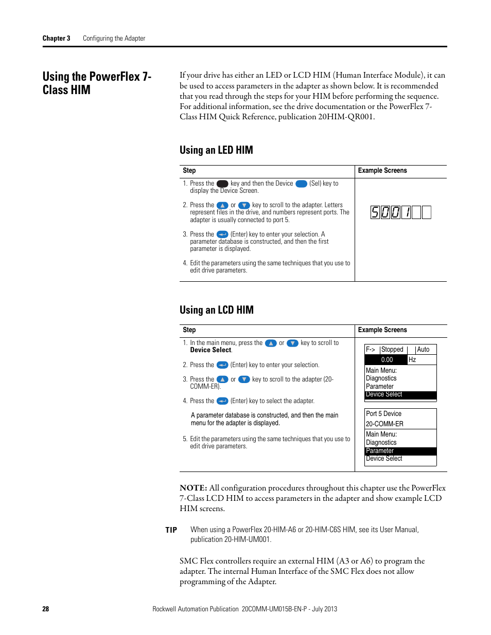 Using the powerflex 7- class him, Using an led him, Using an lcd him | Using the powerflex 7-class him, Using an led him using an lcd him | Rockwell Automation 20-COMM-ER 20-COMM-ER Dual-Port EtherNet/IP Communication Adapter User Manual User Manual | Page 28 / 238