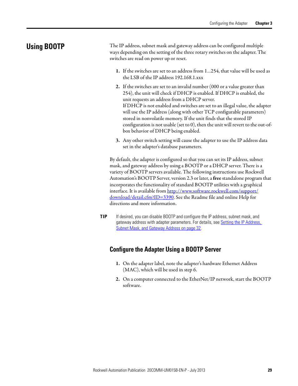 Using bootp, Configure the adapter using a bootp server | Rockwell Automation 20-COMM-ER 20-COMM-ER Dual-Port EtherNet/IP Communication Adapter User Manual User Manual | Page 29 / 238