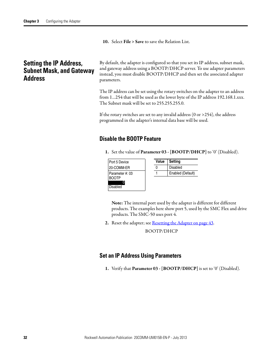 Disable the bootp feature, Set an ip address using parameters, Setting the ip | Rockwell Automation 20-COMM-ER 20-COMM-ER Dual-Port EtherNet/IP Communication Adapter User Manual User Manual | Page 32 / 238