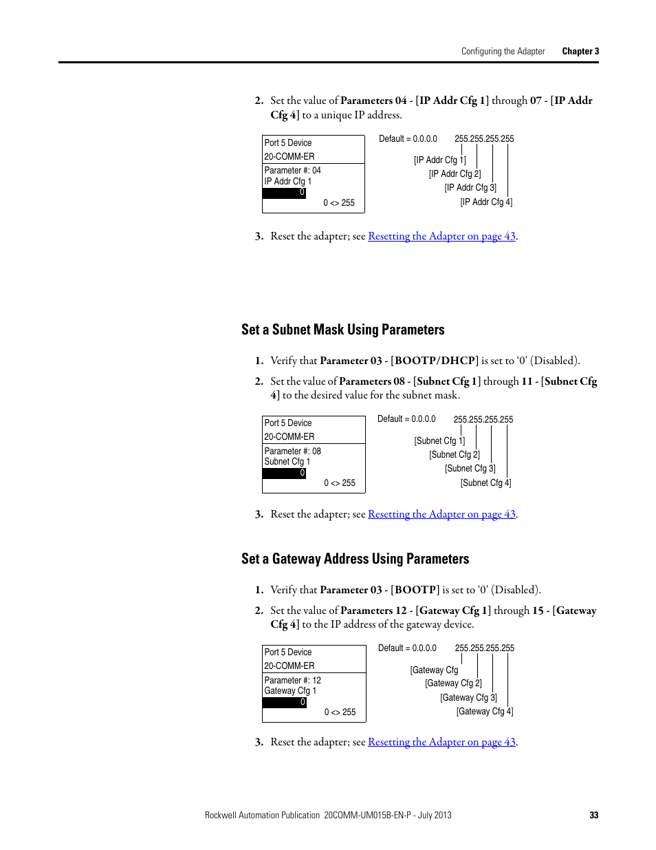 Set a subnet mask using parameters, Set a gateway address using parameters | Rockwell Automation 20-COMM-ER 20-COMM-ER Dual-Port EtherNet/IP Communication Adapter User Manual User Manual | Page 33 / 238