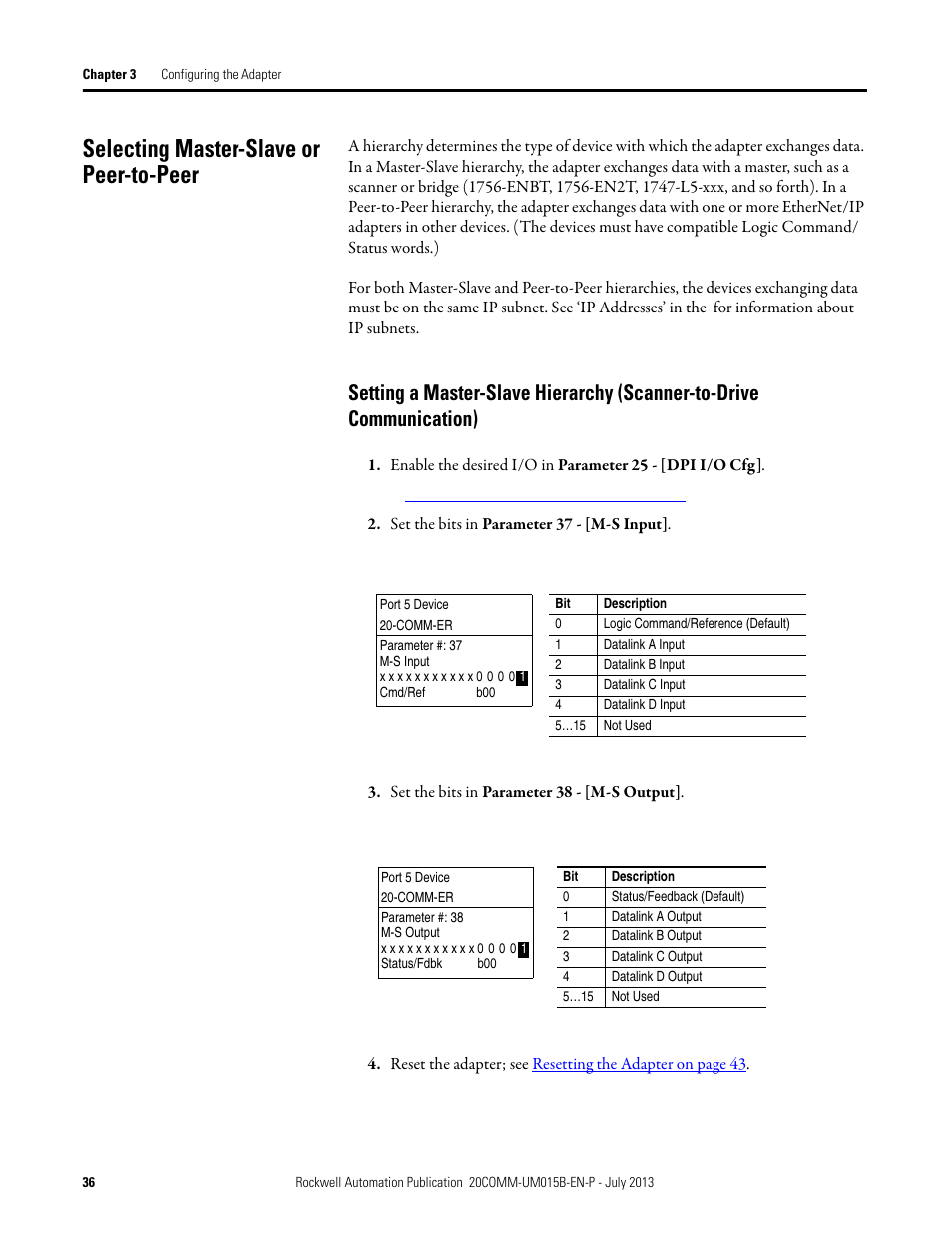 Selecting master-slave or peer-to-peer, Setting a master-slave hierarchy 36, Setting a master-slave hierarchy (scanner-to-drive | Selecting master-slave or peer-to, Peer | Rockwell Automation 20-COMM-ER 20-COMM-ER Dual-Port EtherNet/IP Communication Adapter User Manual User Manual | Page 36 / 238