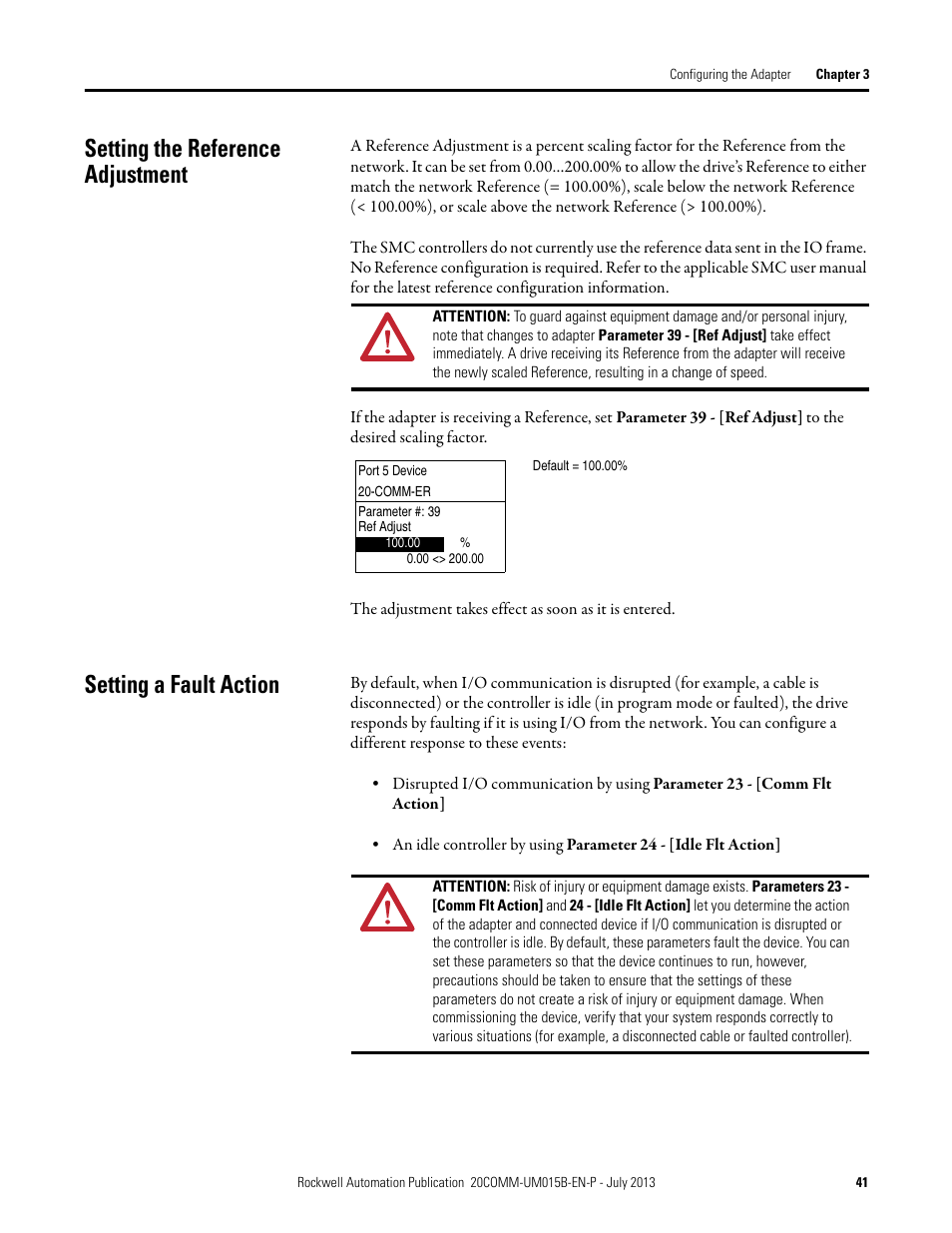 Setting the reference adjustment, Setting a fault action | Rockwell Automation 20-COMM-ER 20-COMM-ER Dual-Port EtherNet/IP Communication Adapter User Manual User Manual | Page 41 / 238