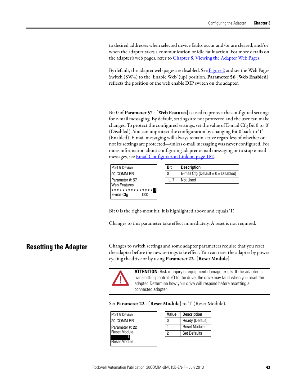 Resetting the adapter | Rockwell Automation 20-COMM-ER 20-COMM-ER Dual-Port EtherNet/IP Communication Adapter User Manual User Manual | Page 43 / 238