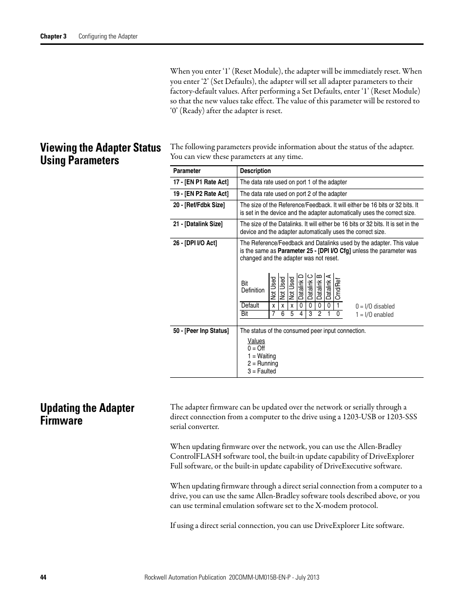 Viewing the adapter status using parameters, Updating the adapter firmware | Rockwell Automation 20-COMM-ER 20-COMM-ER Dual-Port EtherNet/IP Communication Adapter User Manual User Manual | Page 44 / 238