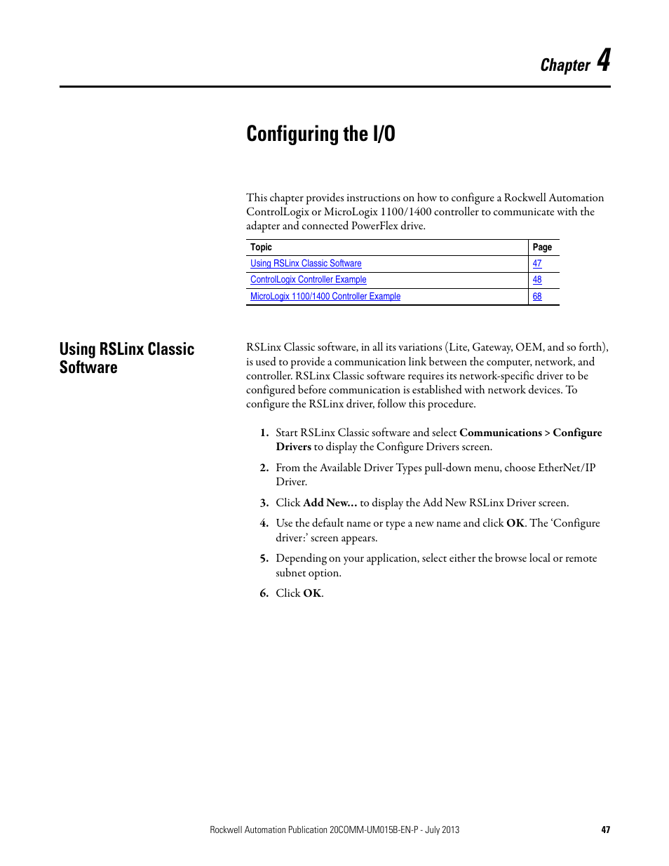Configuring the i/o, Using rslinx classic software, Chapter 4 | Chapter | Rockwell Automation 20-COMM-ER 20-COMM-ER Dual-Port EtherNet/IP Communication Adapter User Manual User Manual | Page 47 / 238