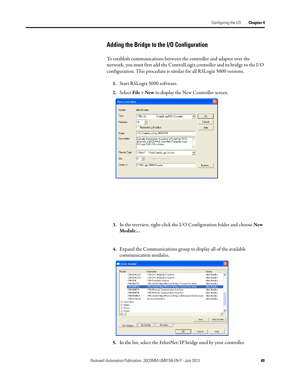 Adding the bridge to the i/o configuration | Rockwell Automation 20-COMM-ER 20-COMM-ER Dual-Port EtherNet/IP Communication Adapter User Manual User Manual | Page 49 / 238