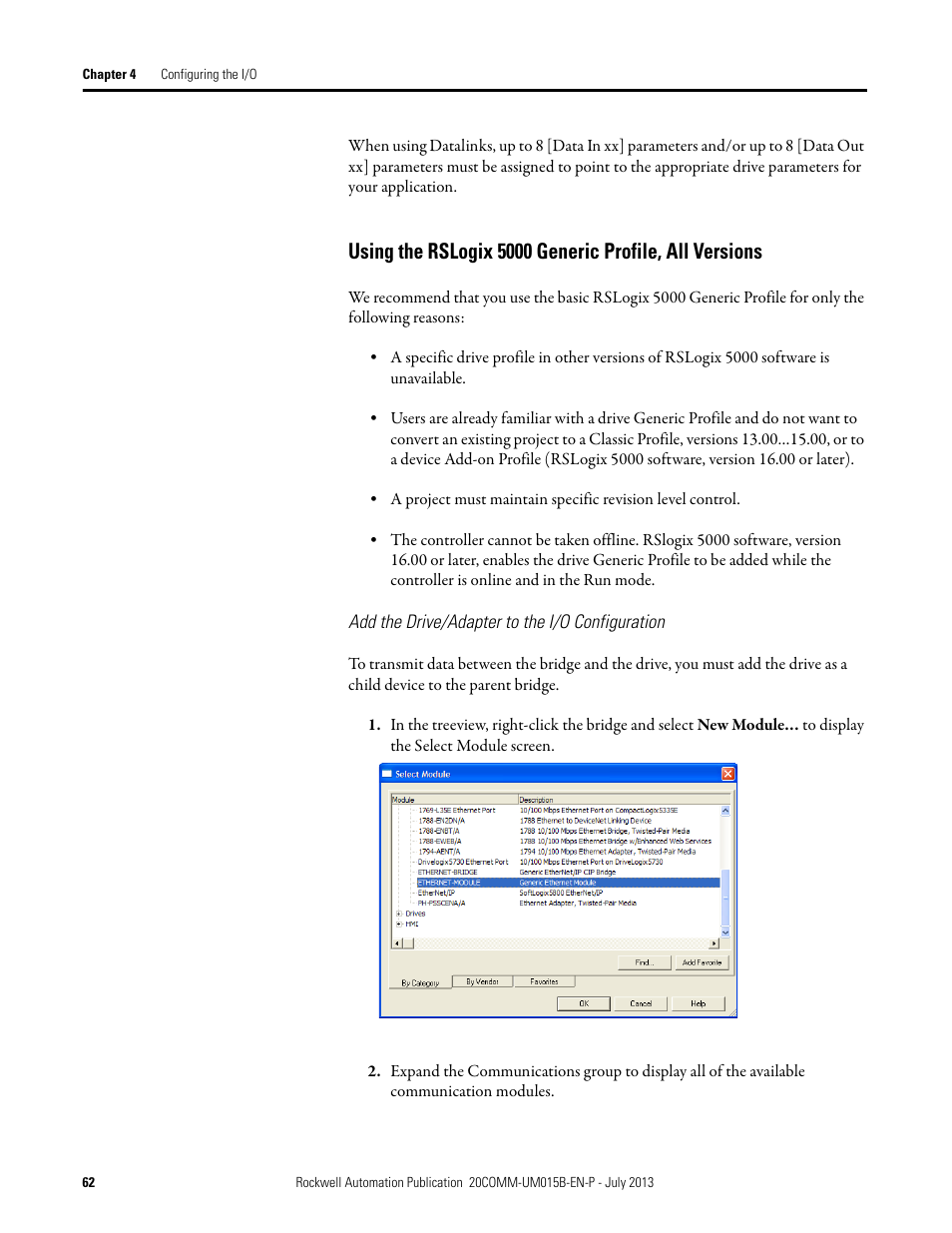 Add the drive/adapter to the i/o configuration | Rockwell Automation 20-COMM-ER 20-COMM-ER Dual-Port EtherNet/IP Communication Adapter User Manual User Manual | Page 62 / 238